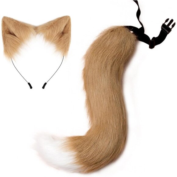 🆕 Halloween Khaki Faux Fur Cat Fox Ears Headband Wolf Tail Party Costume Adult - Picture 1 of 4